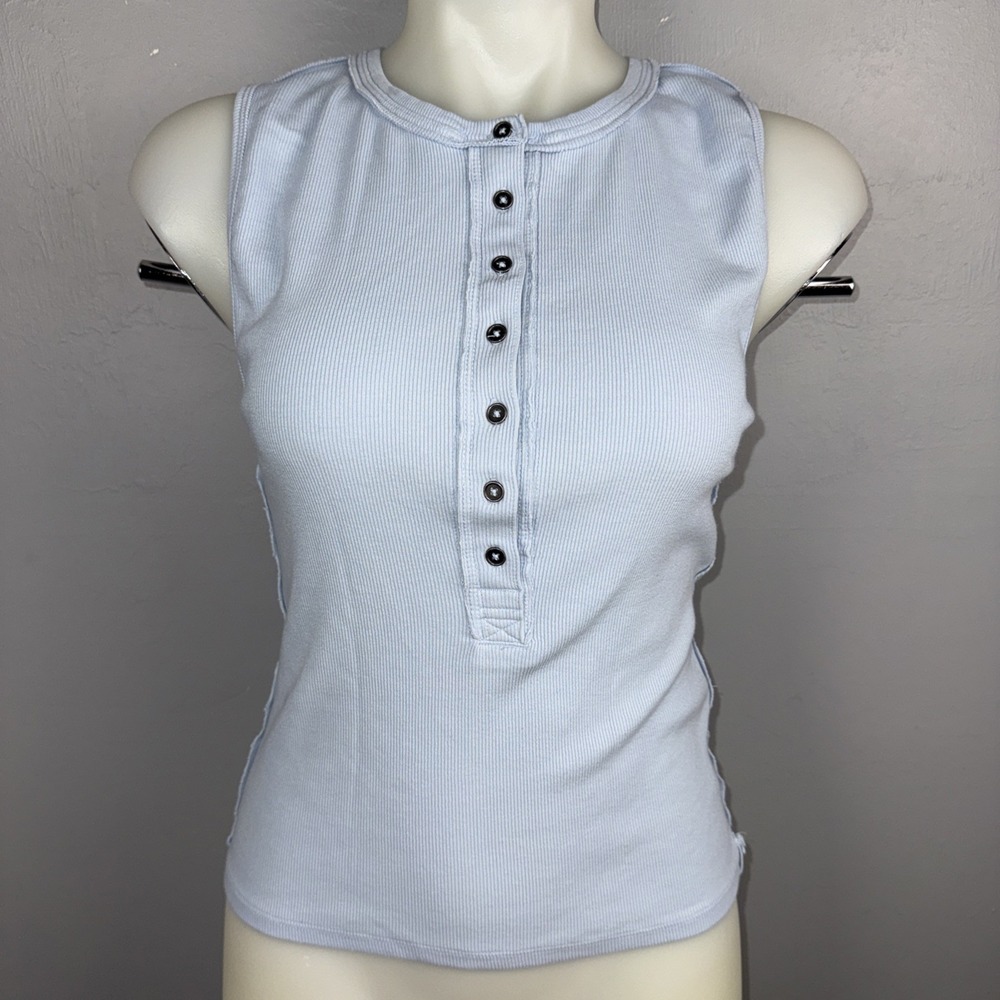 We The Free Jamie Henley Tank Large Light Blue Exposed Seams Ribbed Fitted
